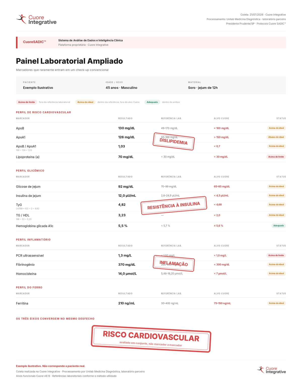Exemplo ilustrativo de painel laboratorial ampliado da Cuore Integrative, com alvos funcionais e referências laboratoriais